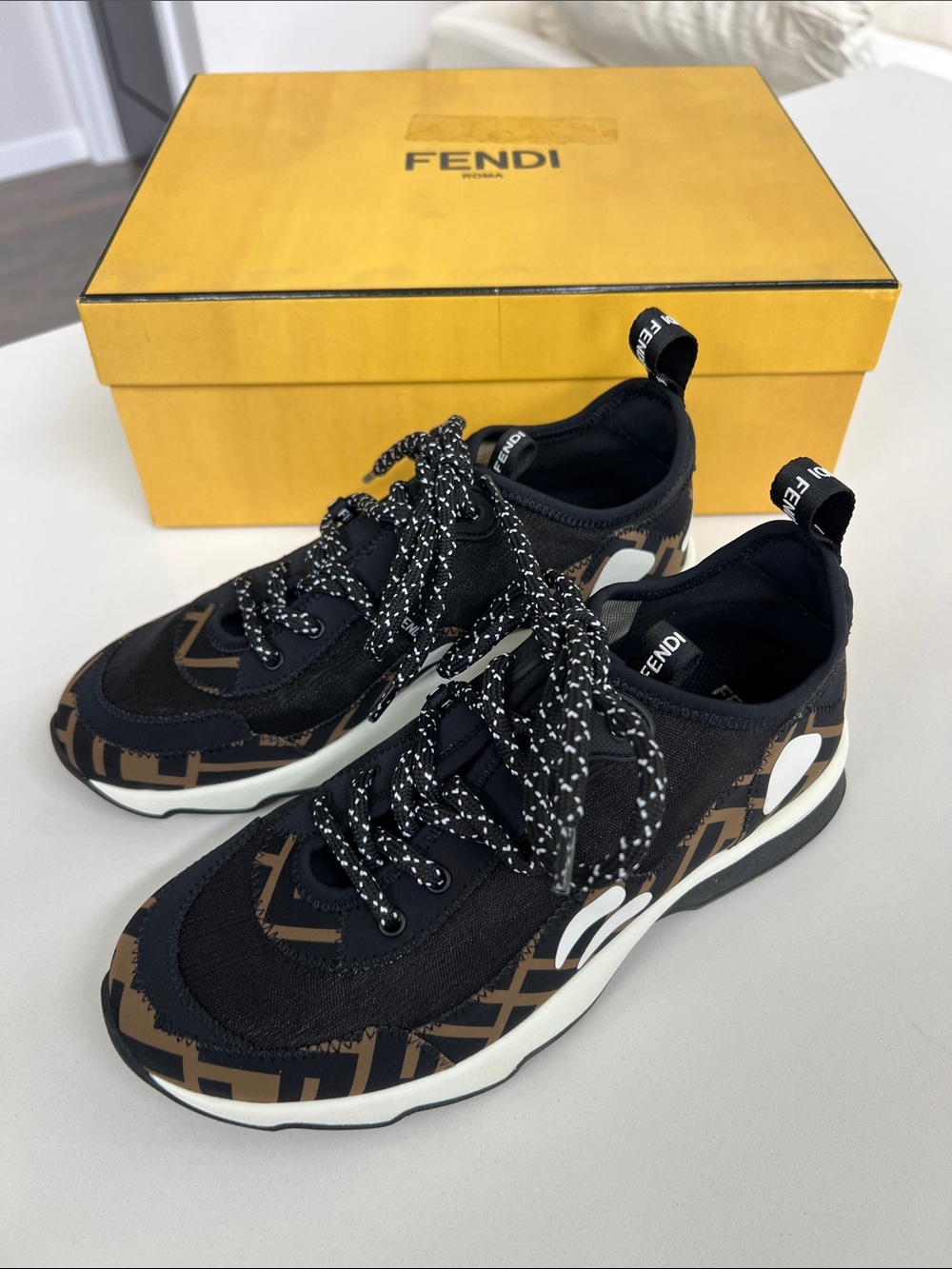 Fendi FF logo FFreedom low top lace up sneakers in black and brown white 35.5
